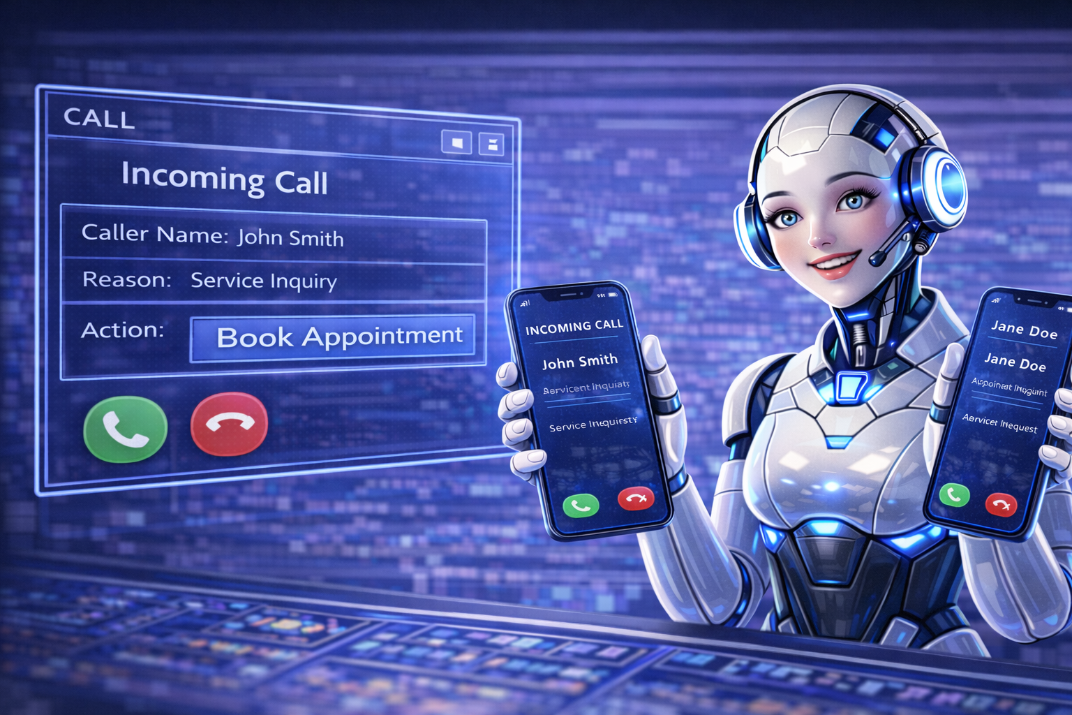 AI receptionist image showing incoming call handling and appointment booking workflow