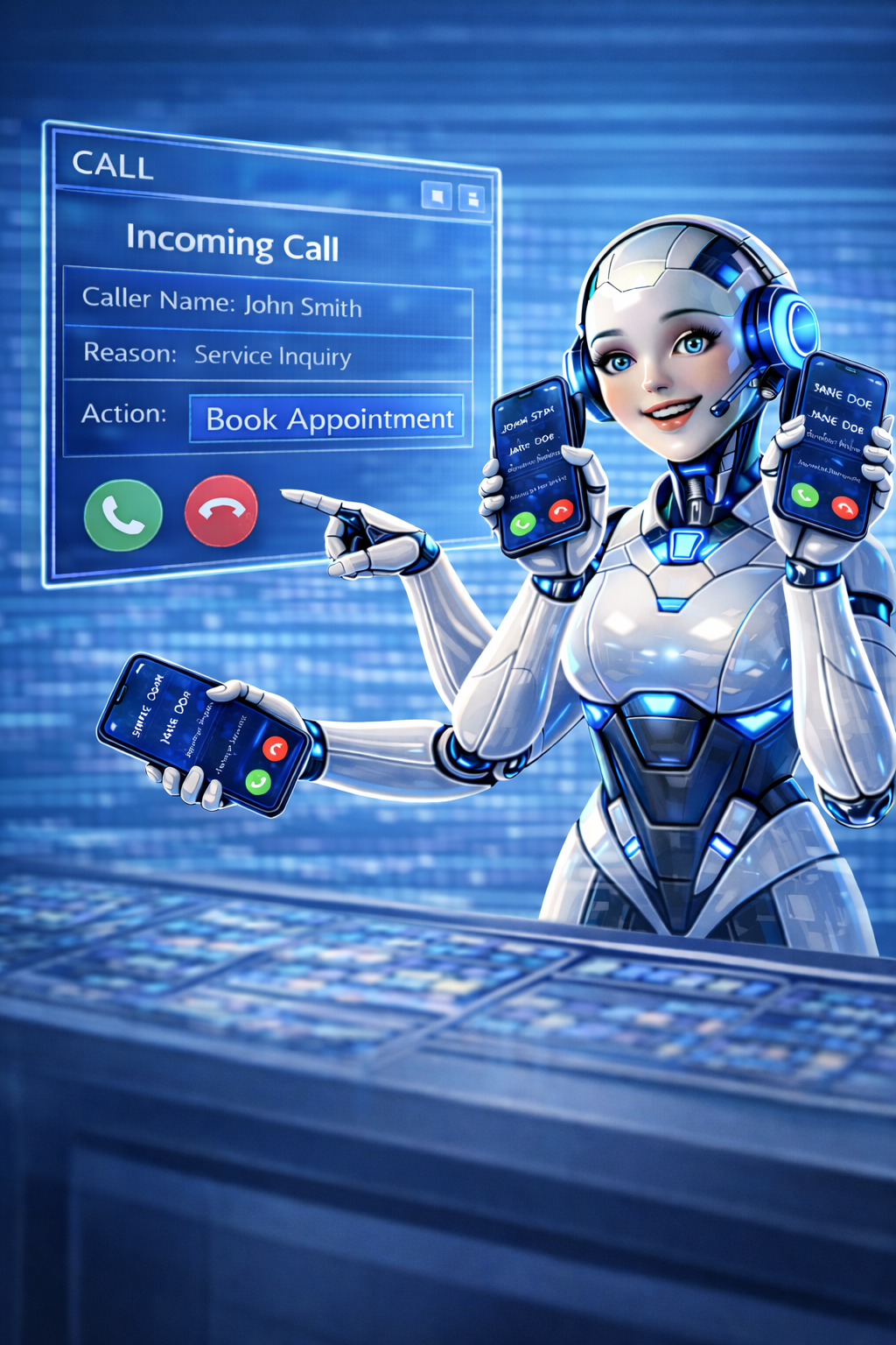 AI receptionist image showing incoming call handling and appointment booking workflow