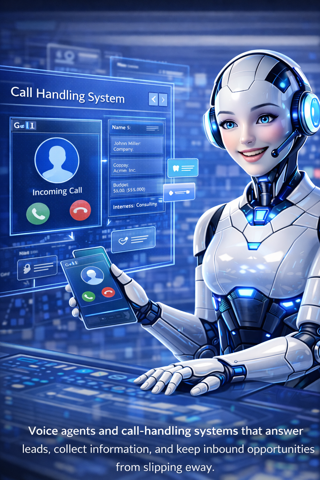 AI receptionist call handling system image showing voice agent lead intake and inbound call support