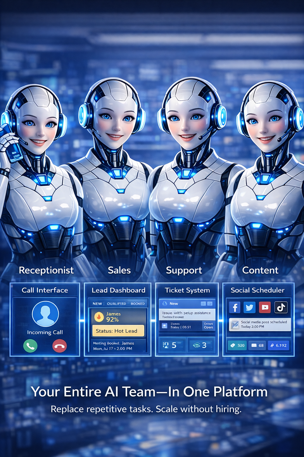 AI workers image showing receptionist, sales, support, and content AI team in one platform