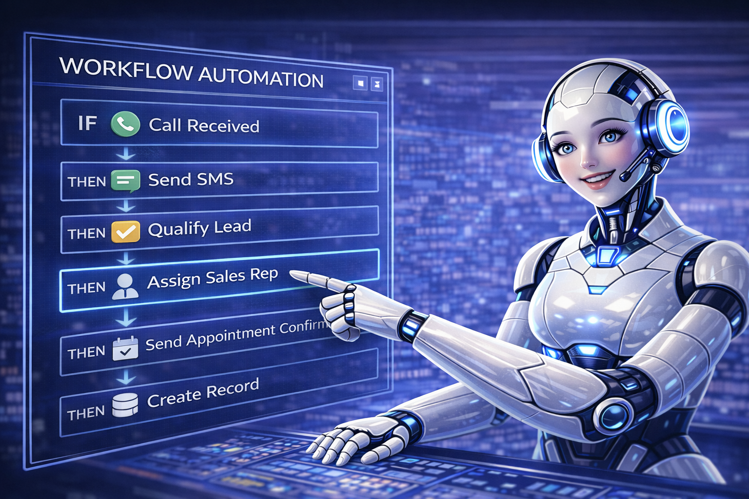 AI automation workflow image showing automated call handling, SMS follow-up, lead qualification, and sales assignment