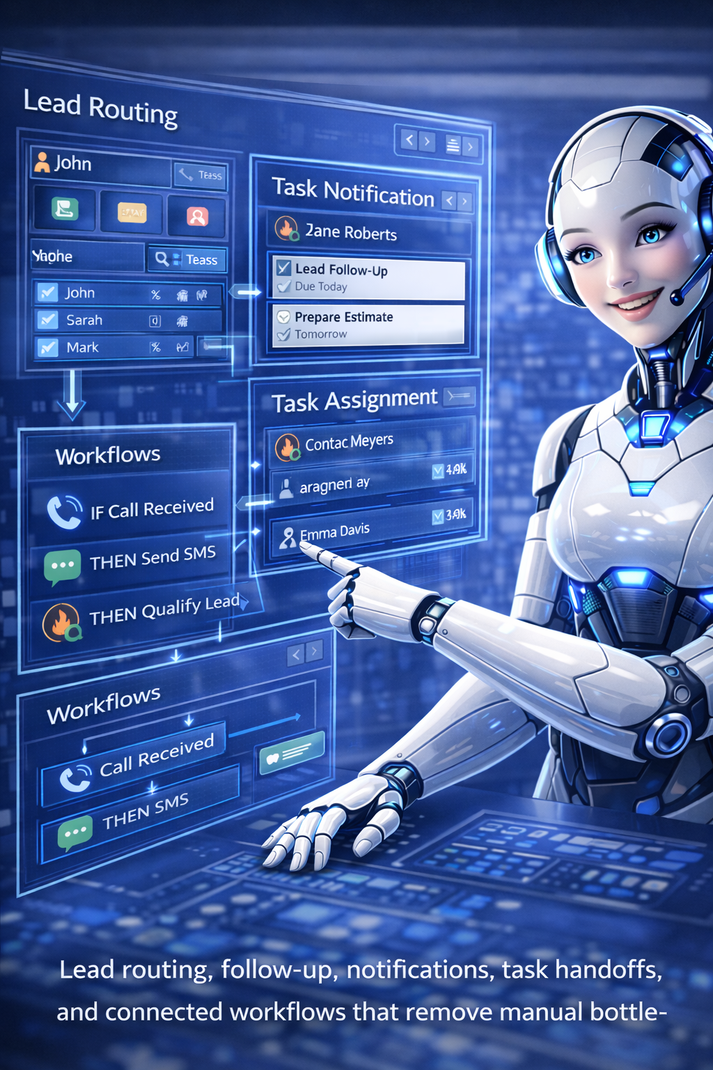 Automation systems image showing lead routing, task notification, workflow steps, and task assignment handoffs