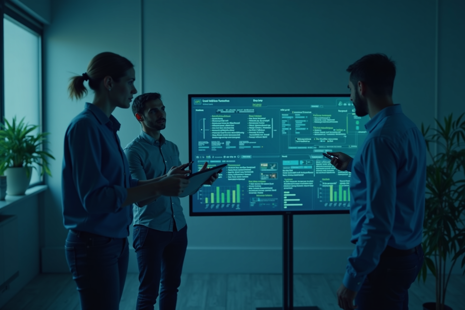 Small business team reviewing AI workflow dashboards and automation systems