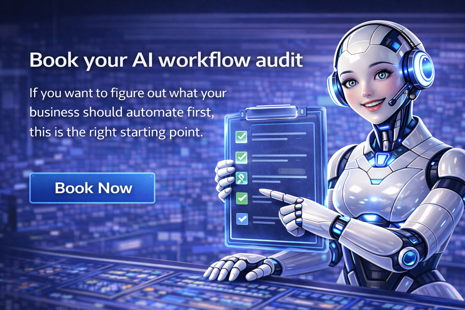 Book your AI workflow audit image showing AI planning checklist and booking theme