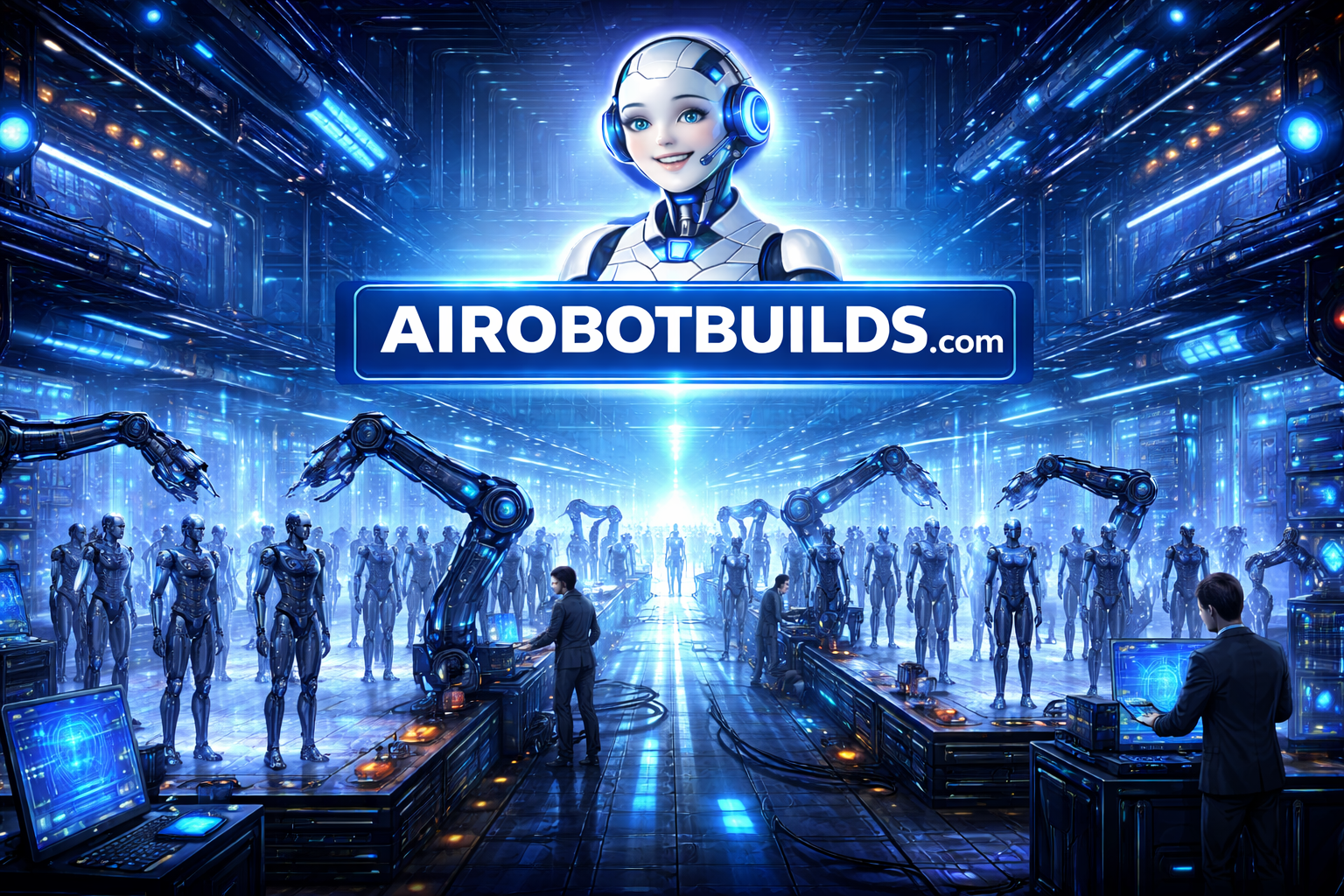 AI Robot Builds hero image showing a futuristic robotics build floor and brand banner
