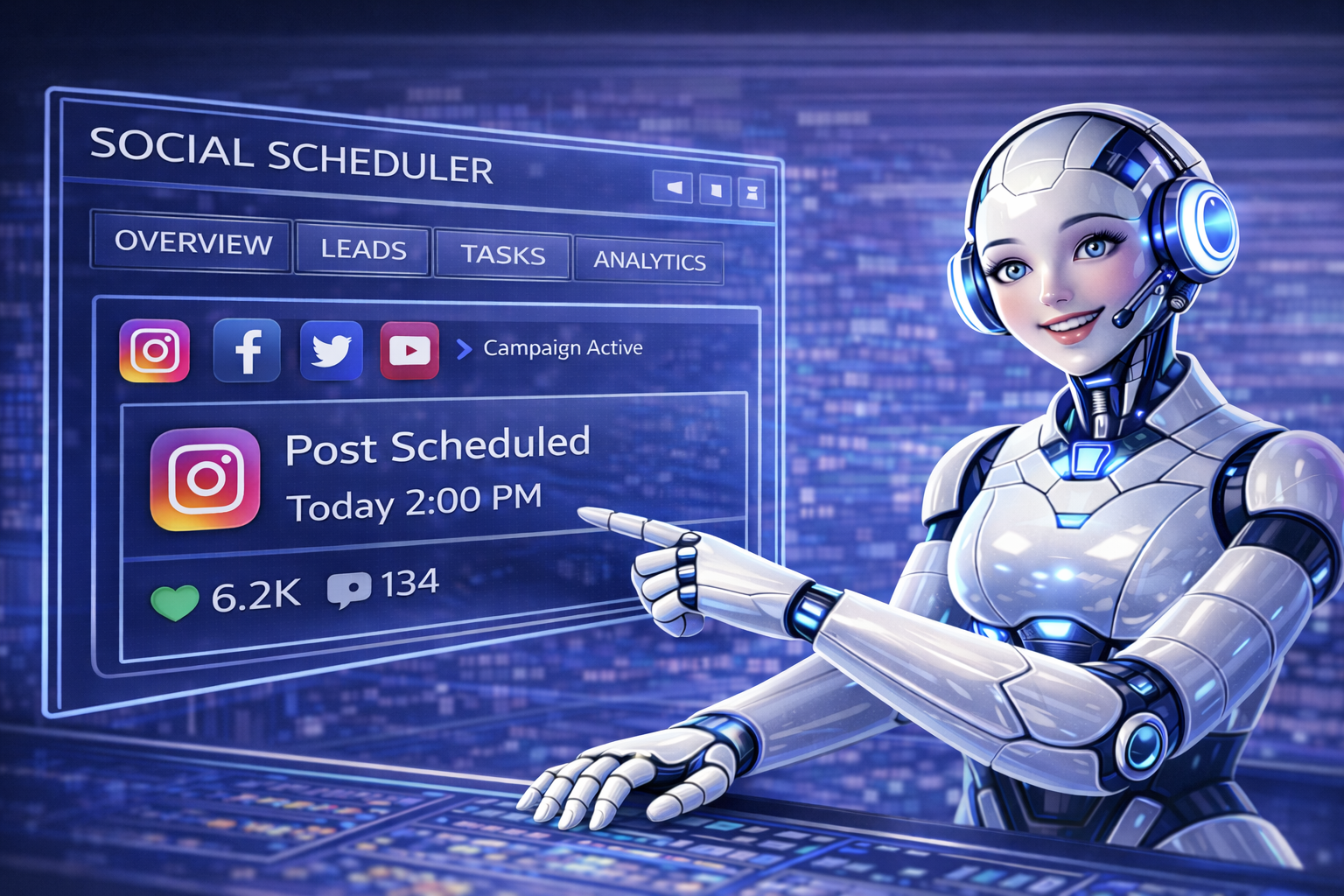 AI social media automation image showing scheduled posting, platform management, and publishing workflow