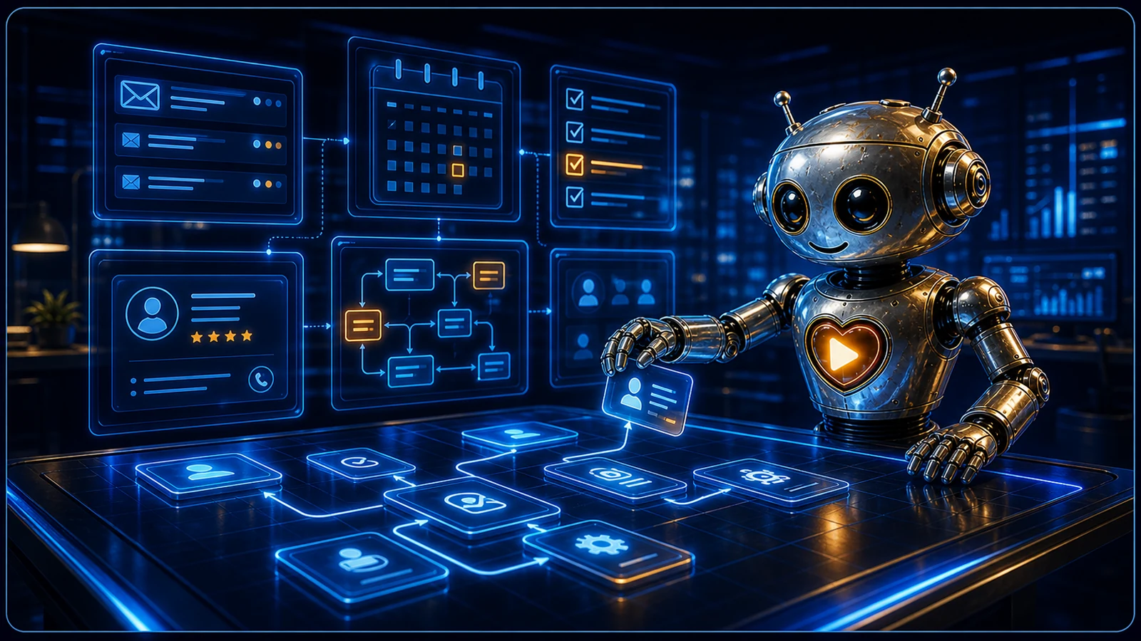 Heart robot AI worker coordinating dashboards, tasks, and small business operations