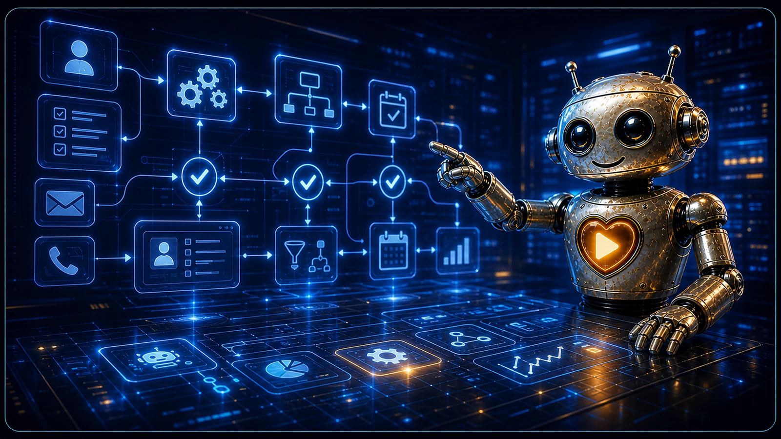 Heart robot managing AI automation workflows, lead routing, and operations dashboards