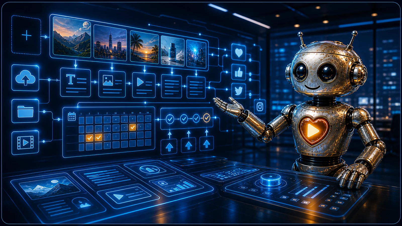 Heart robot managing content workflow, social media planning, and publishing systems