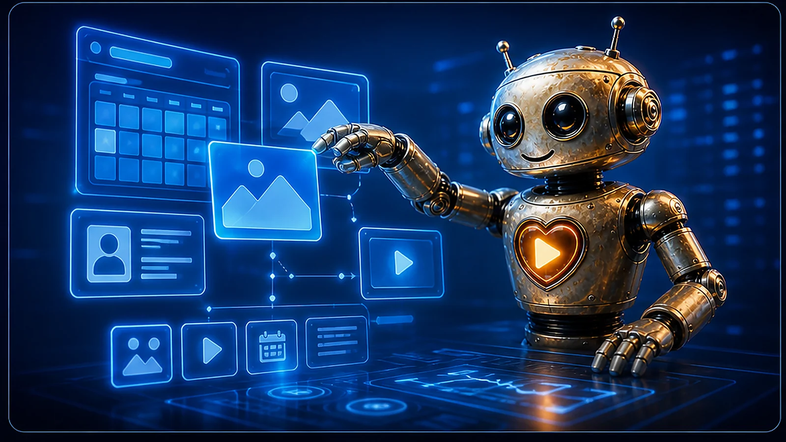 Heart robot organizing social media images, captions, and content publishing workflows