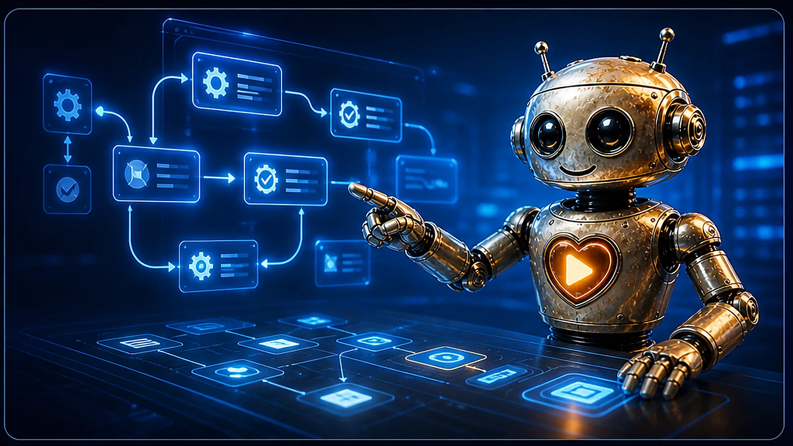Heart robot operating AI workflow automation dashboards for small business calls, content, and operations
