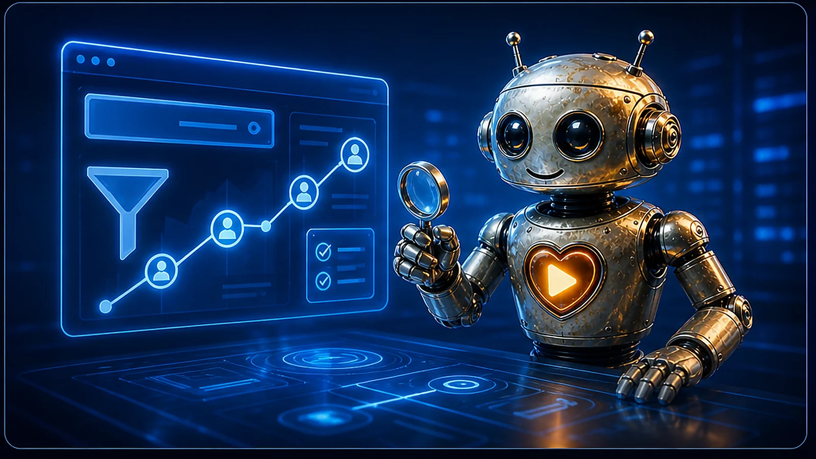 Heart robot reviewing lead qualification, task routing, and follow-up automation dashboards