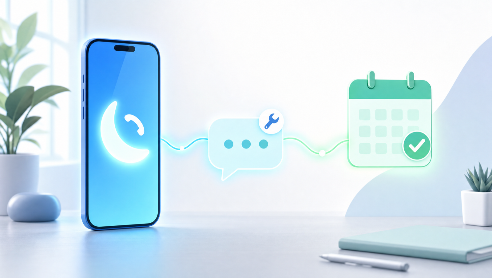 Missed call flowing into a chat bubble and a booked calendar tile