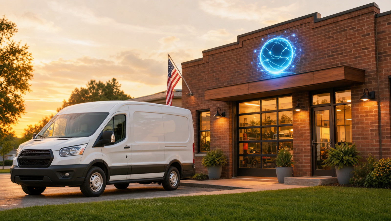 White service van beside a brick workshop at golden hour with a glowing AI orb