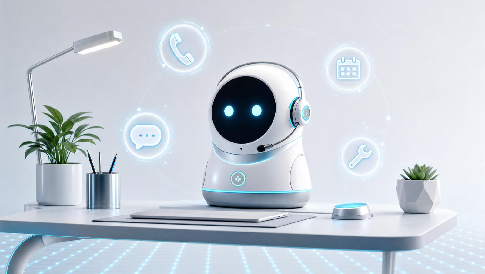Friendly AI worker console with holographic phone, calendar, chat and tools icons